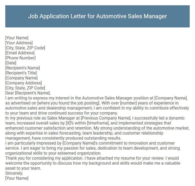 Job Application Letter for Automotive Sales Manager