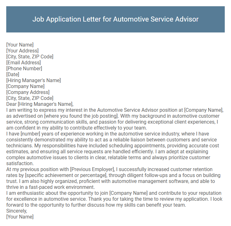 Job Application Letter for Automotive Service Advisor