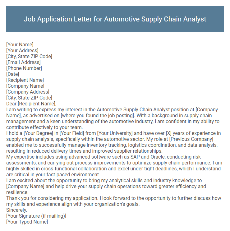 Job Application Letter for Automotive Supply Chain Analyst