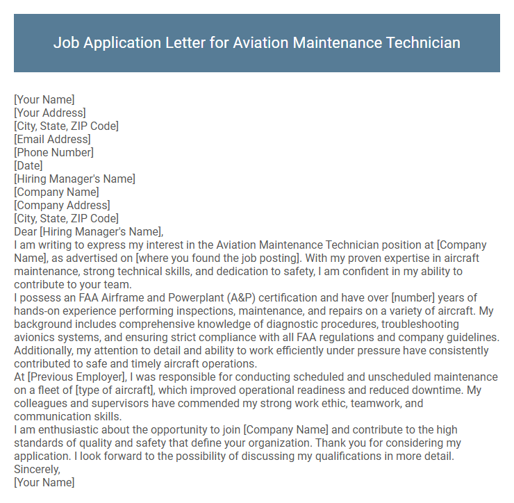 Job Application Letter for Aviation Maintenance Technician