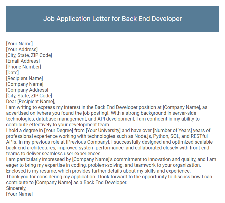 Job Application Letter for Back End Developer