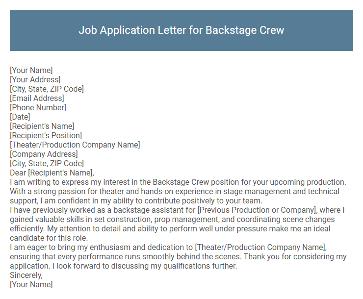 Job Application Letter for Backstage Crew