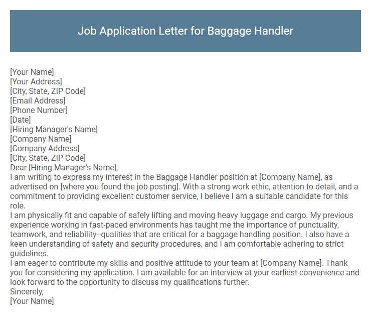 Job Application Letter for Baggage Handler