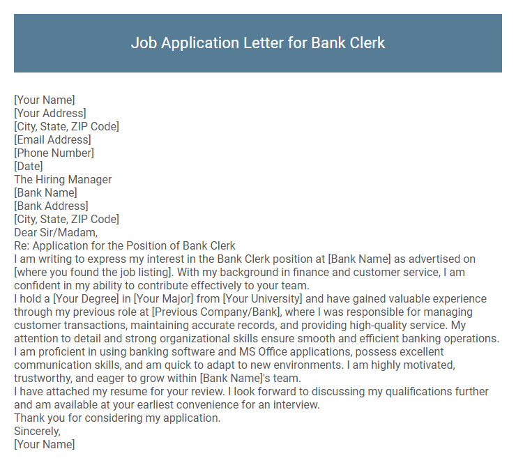 Job Application Letter for Bank Clerk
