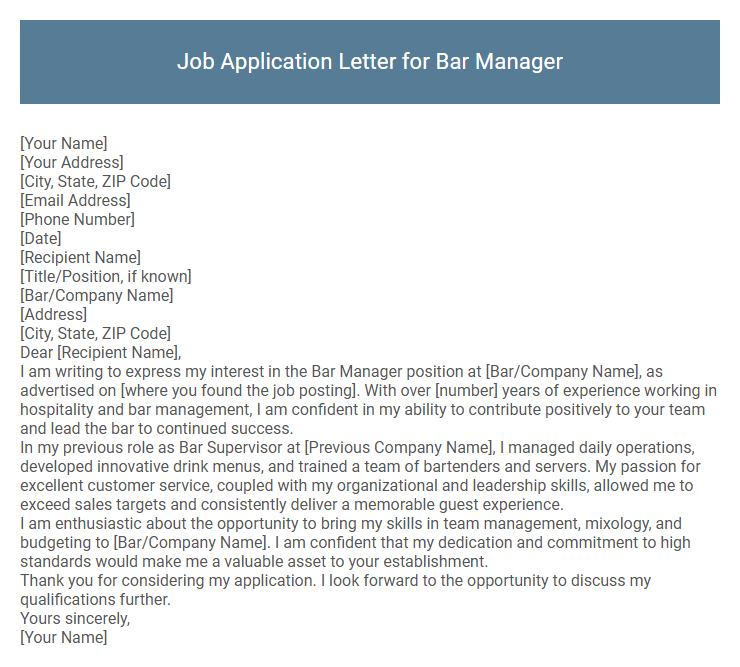 Job Application Letter for Bar Manager
