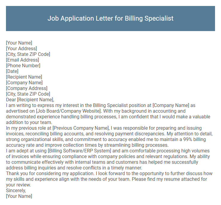 Job Application Letter for Billing Specialist