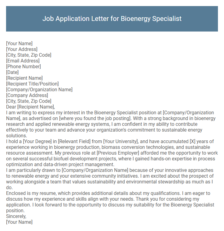 Job Application Letter for Bioenergy Specialist