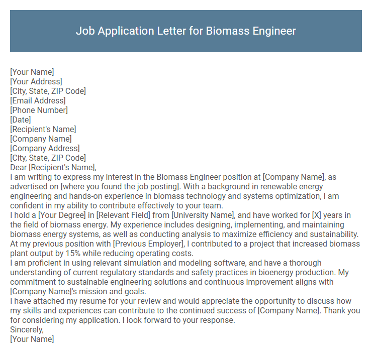 Job Application Letter for Biomass Engineer
