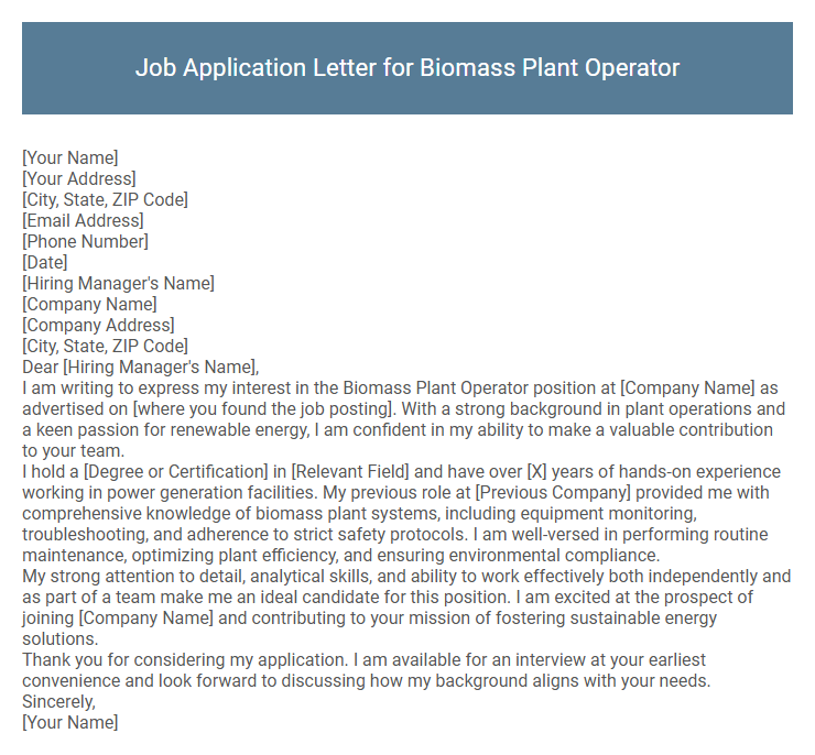 Job Application Letter for Biomass Plant Operator