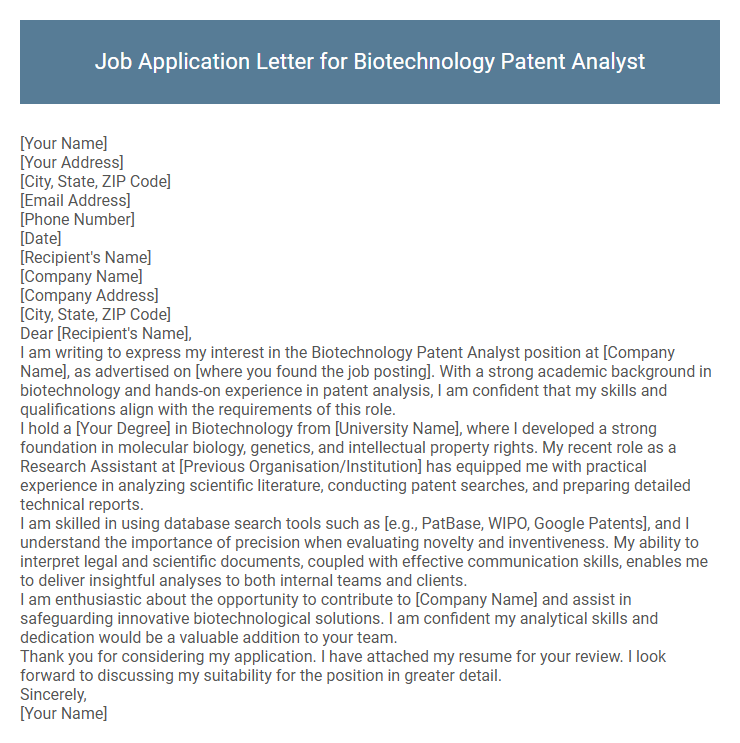 Job Application Letter for Biotechnology Patent Analyst