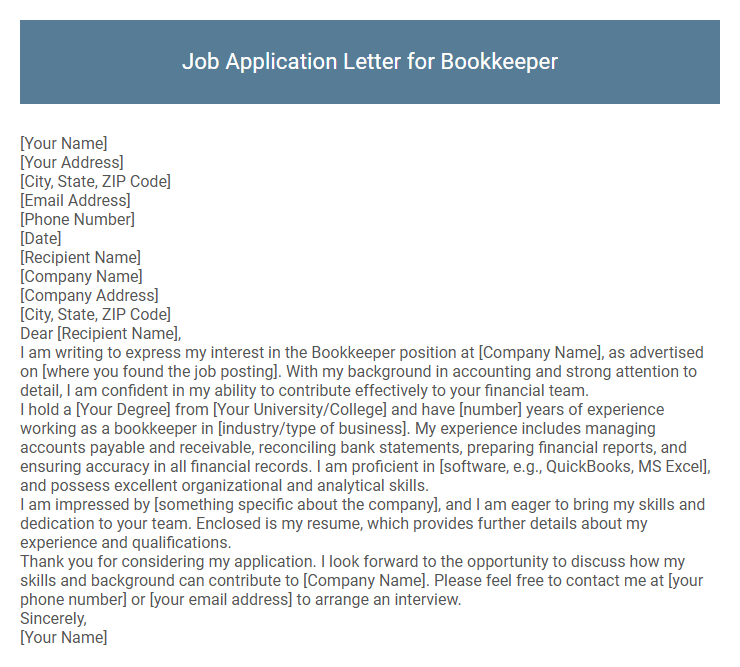 Job Application Letter for Bookkeeper