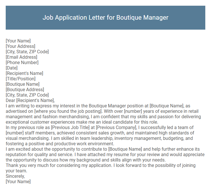 Job Application Letter for Boutique Manager