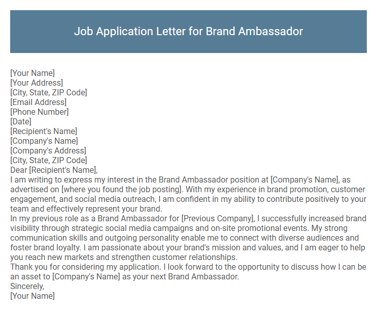 Job Application Letter for Brand Ambassador