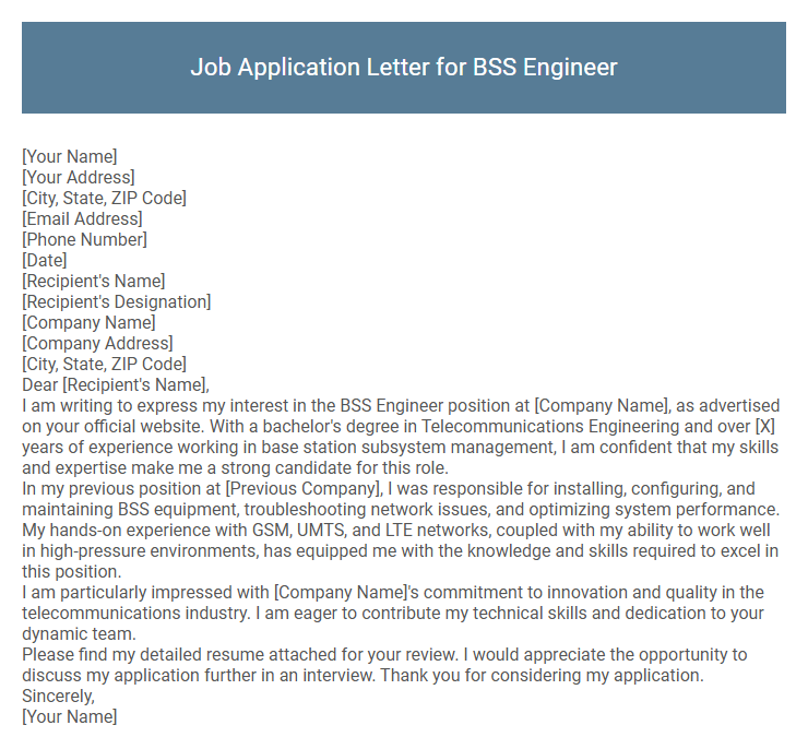 Job Application Letter for BSS Engineer