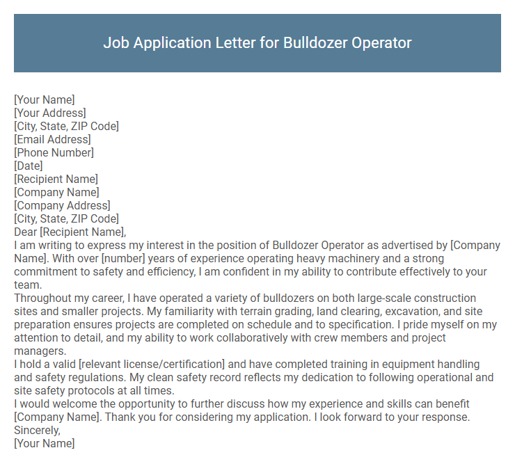 Job Application Letter for Bulldozer Operator