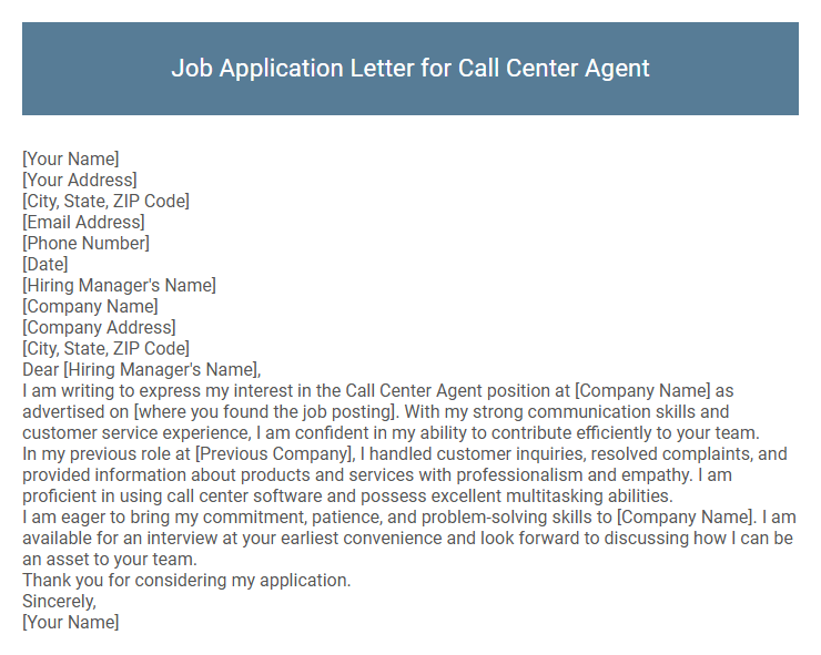 Job Application Letter for Call Center Agent