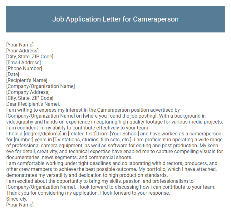 Job Application Letter for Cameraperson