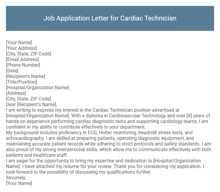 Job Application Letter for Cardiac Technician