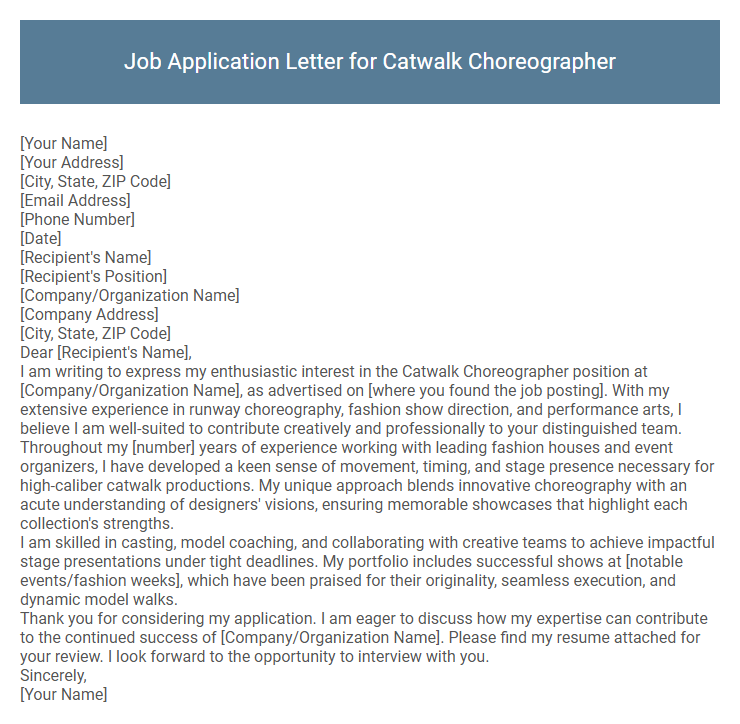Job Application Letter for Catwalk Choreographer
