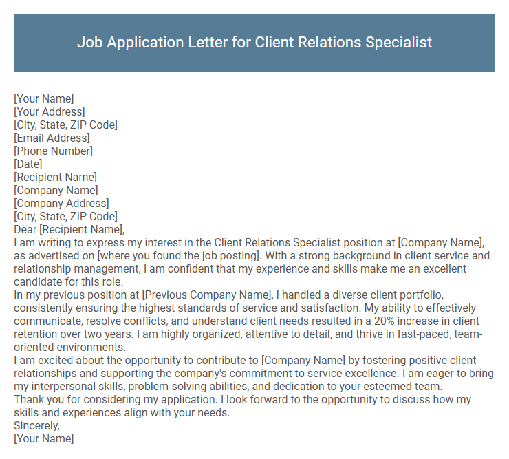 Job Application Letter for Client Relations Specialist