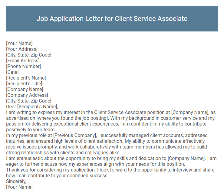 Job Application Letter for Client Service Associate