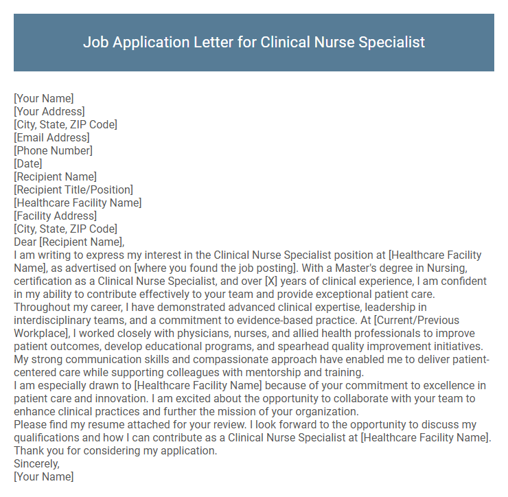 Job Application Letter for Clinical Nurse Specialist