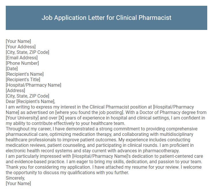 Job Application Letter for Clinical Pharmacist