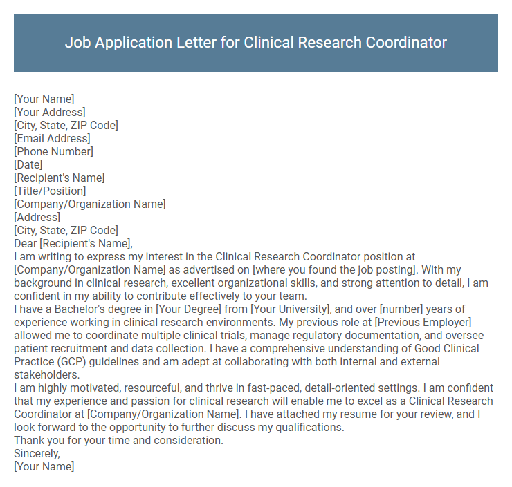 Job Application Letter for Clinical Research Coordinator