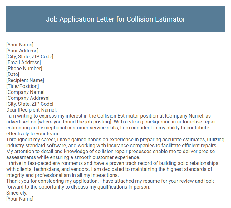 Job Application Letter for Collision Estimator