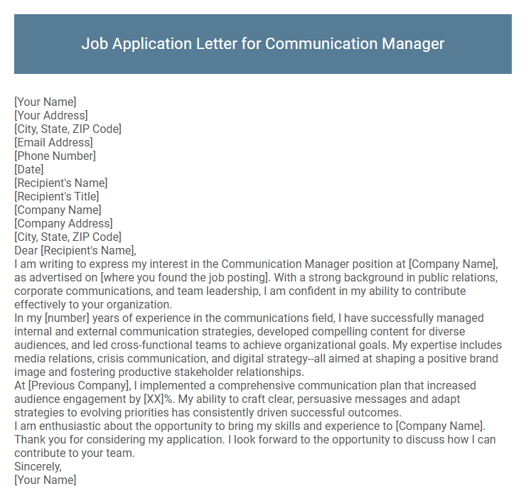 Job Application Letter for Communication Manager