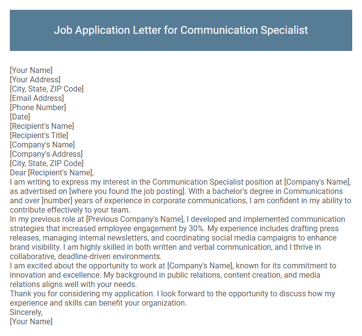 Job Application Letter for Communication Specialist