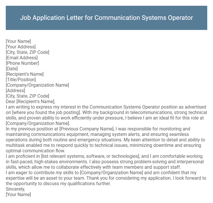 Job Application Letter for Communication Systems Operator
