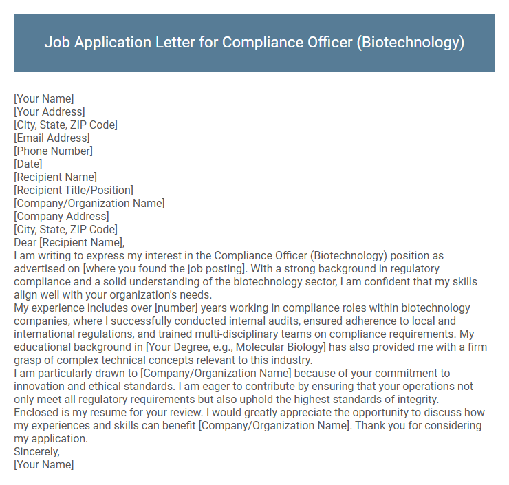 Job Application Letter for Compliance Officer (Biotechnology)