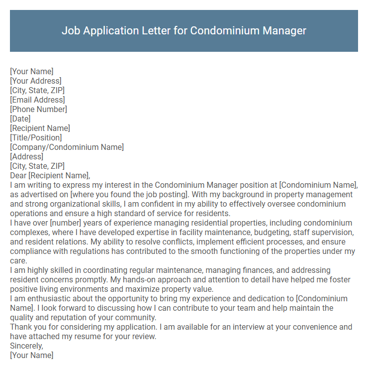 Job Application Letter for Condominium Manager