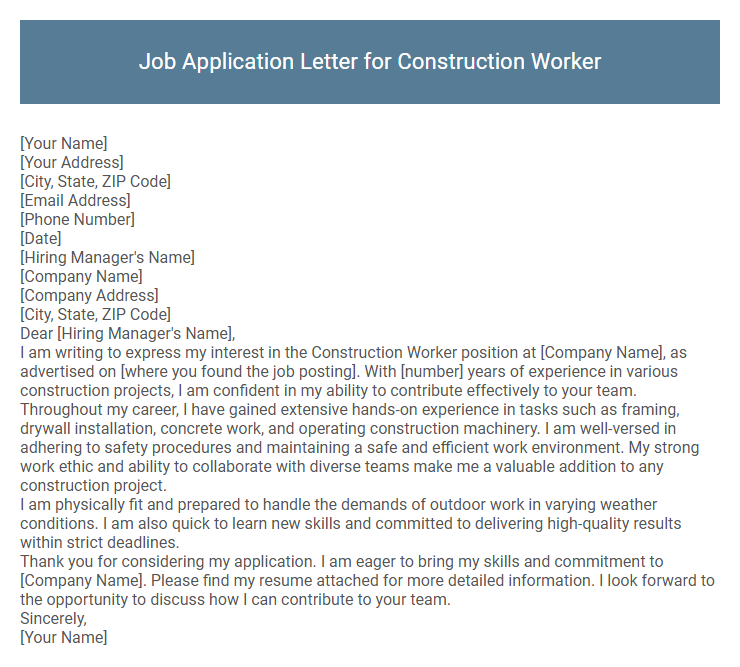 Job Application Letter for Construction Worker