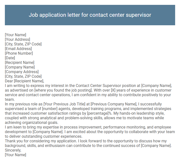Job application letter for contact center supervisor