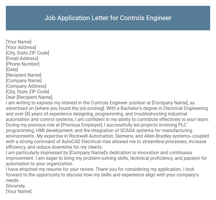 Job Application Letter for Controls Engineer