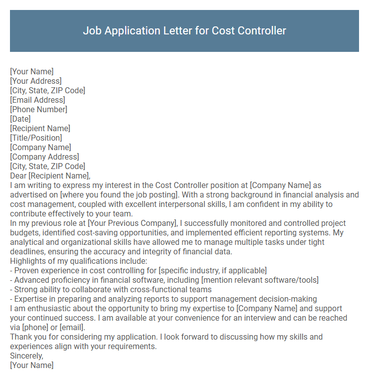 Job Application Letter for Cost Controller