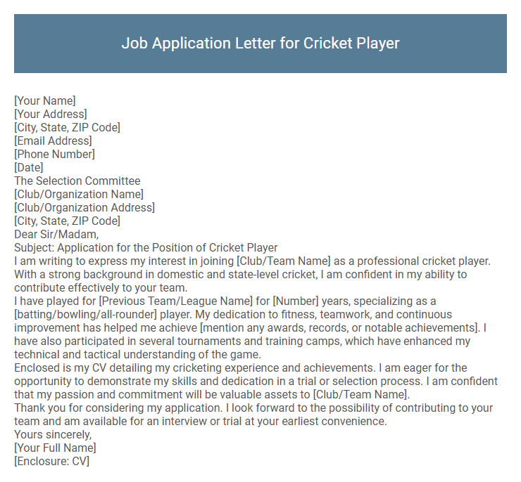 Job Application Letter for Cricket Player