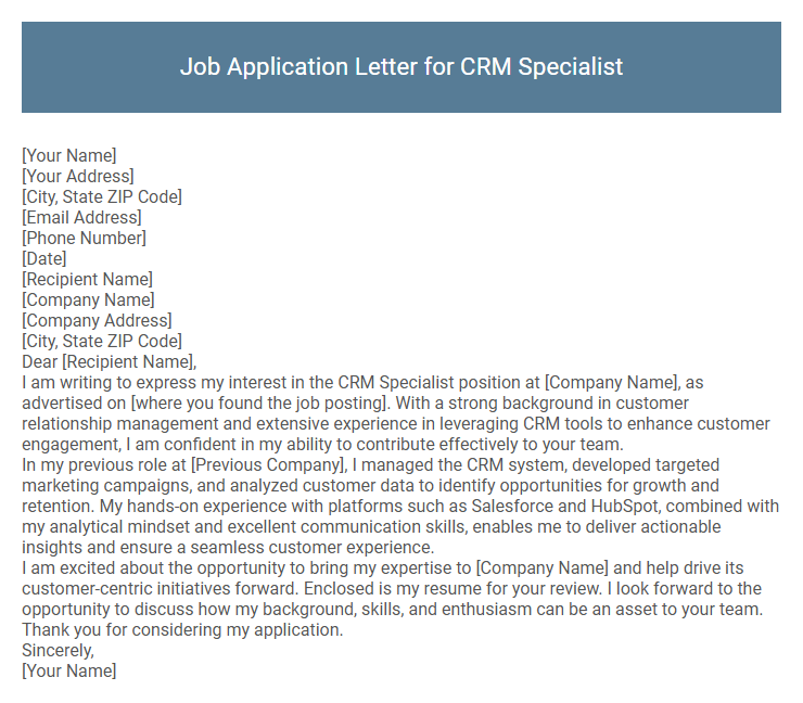 Job Application Letter for CRM Specialist