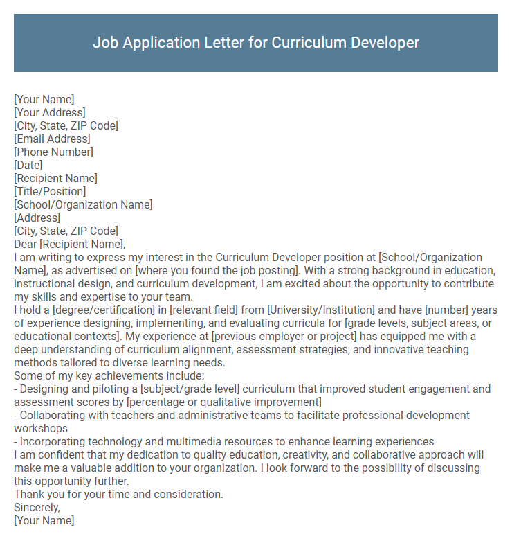 Job Application Letter for Curriculum Developer