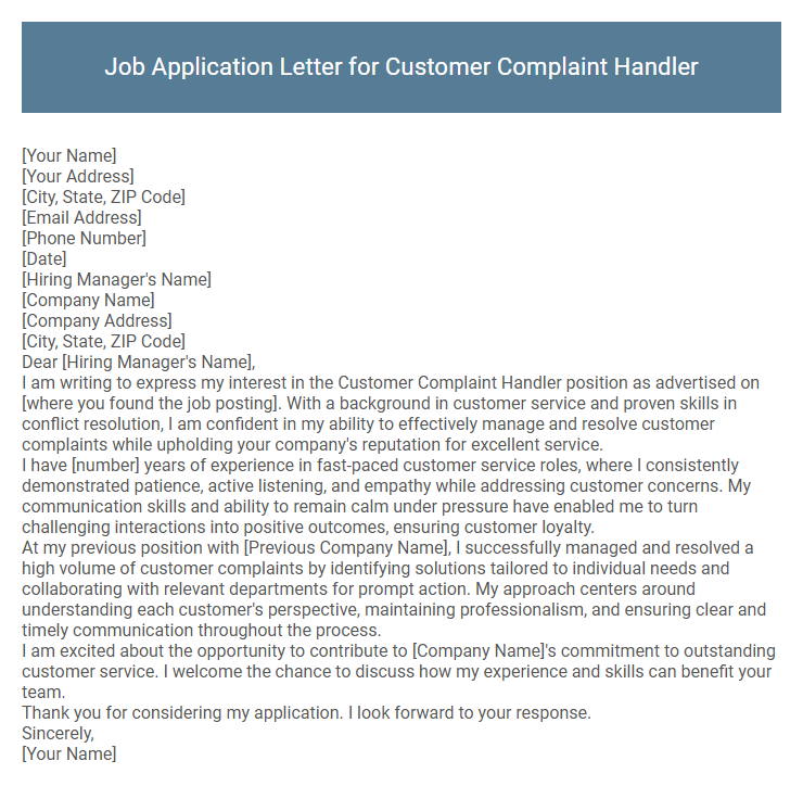 Job Application Letter for Customer Complaint Handler
