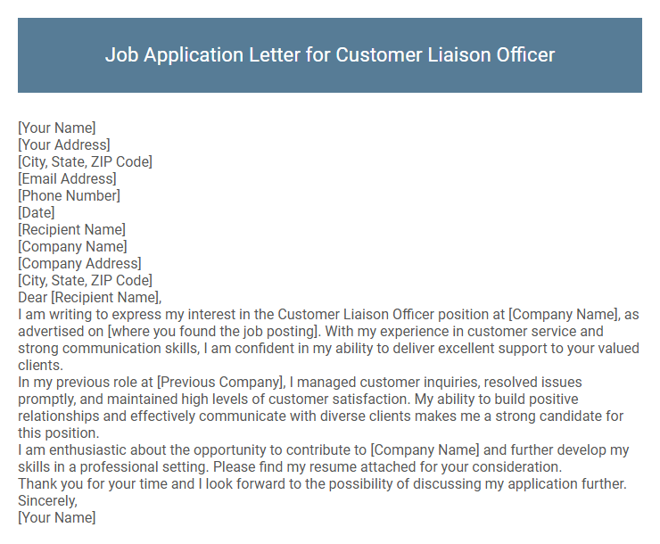 Job Application Letter for Customer Liaison Officer