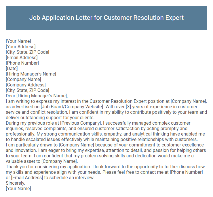 Job Application Letter for Customer Resolution Expert