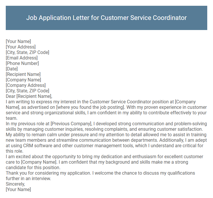 Job Application Letter for Customer Service Coordinator