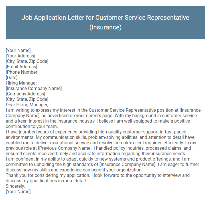 Job Application Letter for Customer Service Representative (Insurance)