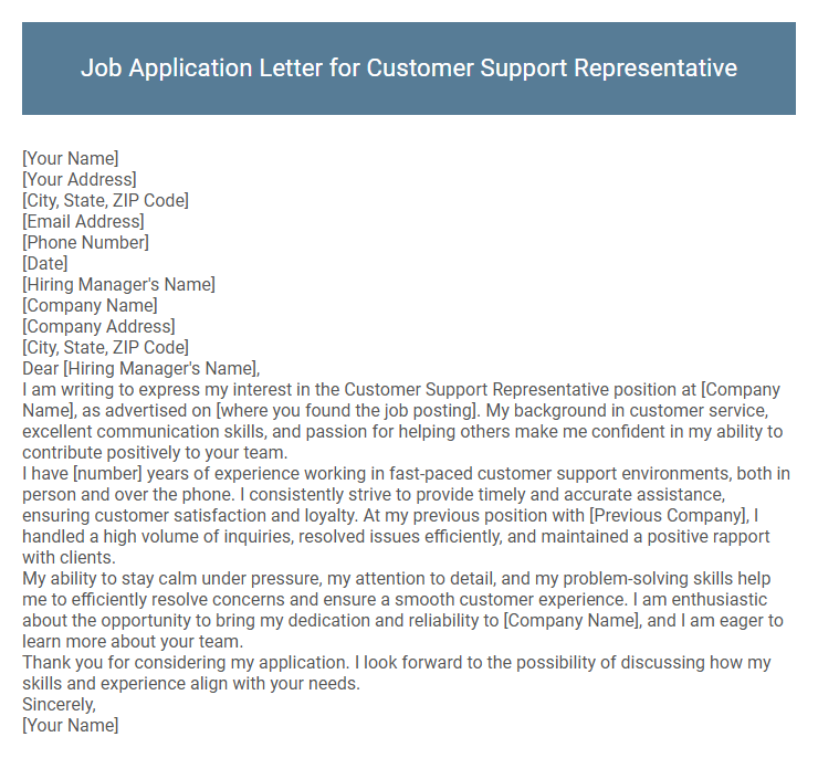 Job Application Letter for Customer Support Representative