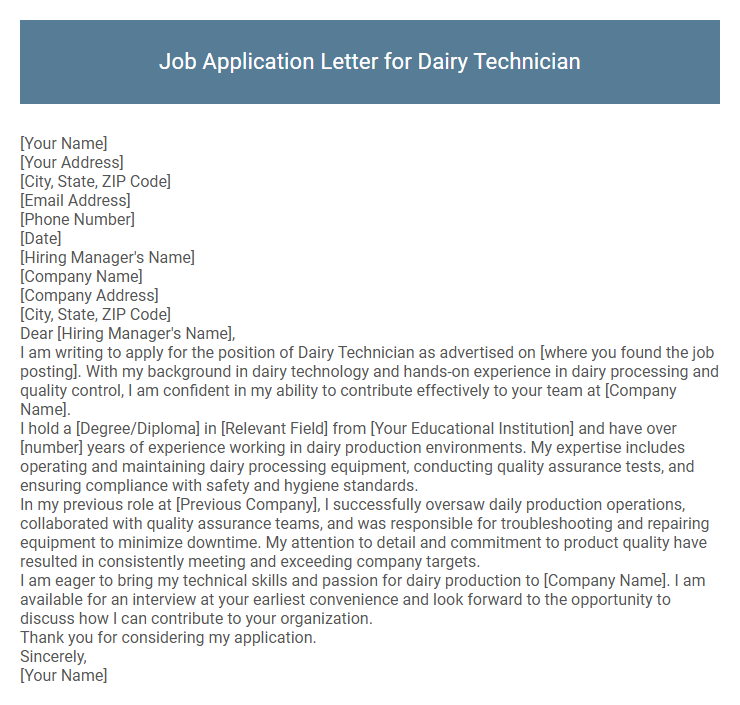 Job Application Letter for Dairy Technician