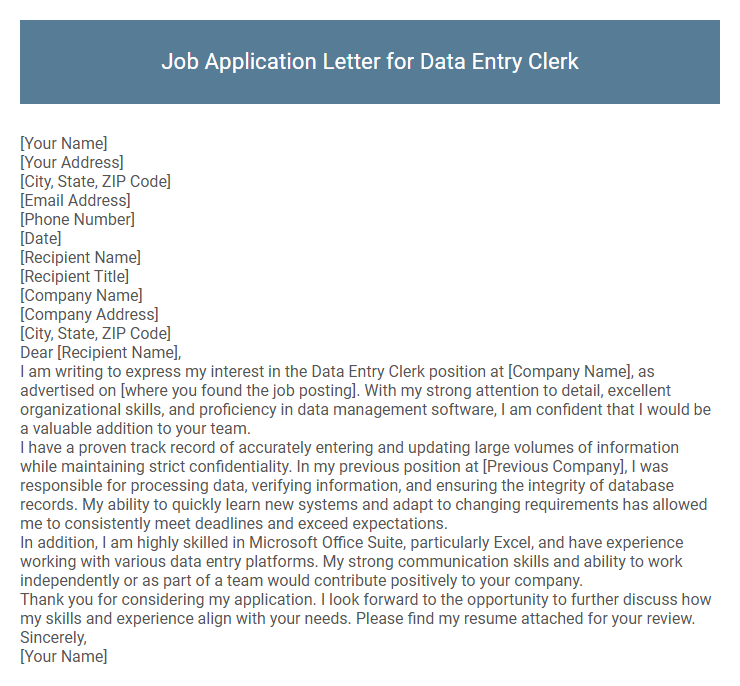 Job Application Letter for Data Entry Clerk