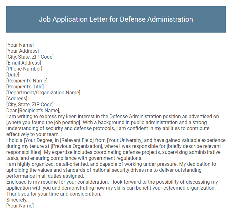 Job Application Letter for Defense Administration